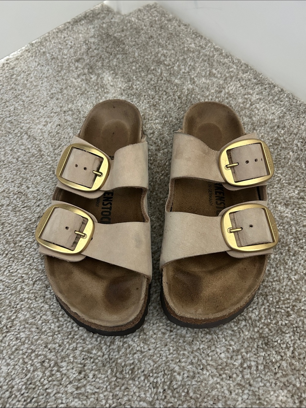 Birkenstock Beige Suede Two-Buckle Slide Sandals with Gold Buckles